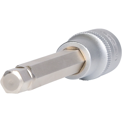 Nahaufnahme eines silberfarbenen Innensechskant-Bits, das für den Einsatz in einem Schraubenschlüssel konzipiert ist.